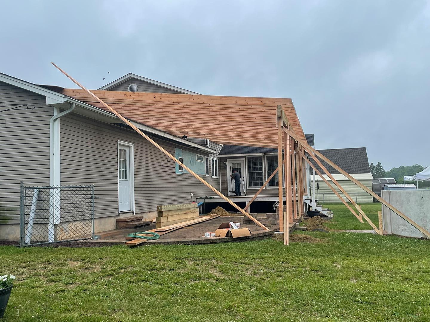Second-storey addition framed and sheathed