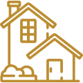 Two houses, one with a window and chimney, golden outline.